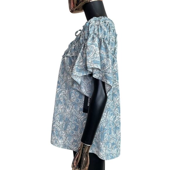 Bishop + Young Smocked Ruffle Blouse in Teal with Flutter Sleeves Size Small NWT - Picture 6 of 9